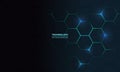 Dark hexagonal technology abstract background. Blue and green colored bright flashes under hexagon. Royalty Free Stock Photo