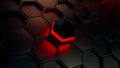 Dark hexagons with red light futuristic background, 3d render illustation.