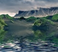 Dark hills of Vestrahorn peak reflected in calm waters of Atlantoc ocean.