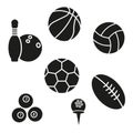 Dark hollow balls for various sporting events. Vector flat illustration. A set of various projectiles for sports games