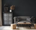 Dark home interior, ethnic style living room