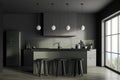Dark home kitchen interior with bar counter, cooking space and panoramic window Royalty Free Stock Photo
