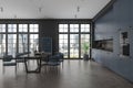 Dark home kitchen interior with dining and cooking area, panoramic window Royalty Free Stock Photo