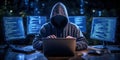 Dark hoodie hacker working on laptop with multiple screens displaying code