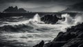 Dark horizon over water, rough surf crashing on wet rocks generated by AI