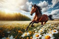 Dark horse in a summer landscape gallops through a chamomile field against a background of blue sky Royalty Free Stock Photo