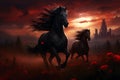 Dark horses running in a gloomy red field of flowers, in front of castle with dramatic clouds in sunset sky, neural Royalty Free Stock Photo