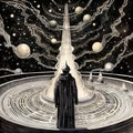 A dark human figure stands in front of an infinite galaxy spiral, AI generative black white illustration