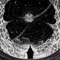 A dark human figure stands in front of an infinite galaxy spiral, AI generative black white illustration