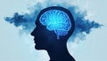 Dark human head profile silhouette glowing blue brain structure inside. Abstract background suggests complex thoughts, human Royalty Free Stock Photo