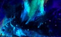 Dark indigo blue alcohol ink neon abstract background. Glowing flow liquid watercolor paint splash texture effect illustration Royalty Free Stock Photo