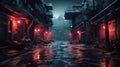 Dark industrial alley in cyberpunk city in rain, old gloomy dirty wet street. Moody view of spooky vintage buildings. Concept of Royalty Free Stock Photo