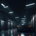 Dark Industrial Garage For Cars, Hallway Tunnel With metal Doors, Glowing Lights, Generative AI Royalty Free Stock Photo