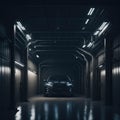 Dark Industrial Garage For Cars, Hallway Tunnel With metal Doors, Glowing Lights, Generative AI Royalty Free Stock Photo