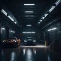 Dark Industrial Garage For Cars, Hallway Tunnel With metal Doors, Glowing Lights, Generative AI Royalty Free Stock Photo