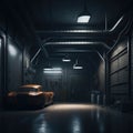 Dark Industrial Garage For Cars, Hallway Tunnel With metal Doors, Glowing Lights, Generative AI Royalty Free Stock Photo