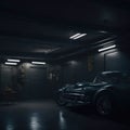 Dark Industrial Garage For Cars, Hallway Tunnel With metal Doors, Glowing Lights, Generative AI Royalty Free Stock Photo