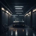 Dark Industrial Garage For Cars, Hallway Tunnel With metal Doors, Glowing Lights, Generative AI Royalty Free Stock Photo