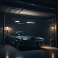 Dark Industrial Garage For Cars, Hallway Tunnel With metal Doors, Glowing Lights, Generative AI Royalty Free Stock Photo