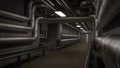 Dark industrial interior corridor with metal piping along the walls. 3D rendering