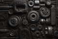 Dark industrial wallpaper, 3d render vehicle parts pattern, black transport background with car parts, gear wheels, pipes, heap of