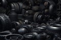 Dark industrial wallpaper, 3d render vehicle parts pattern, black transport background with car parts, gear wheels, pipes, heap of