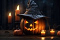Dark interior of the house decorated for Halloween. Pumpkins, candles, webs and spiders. AI generated Royalty Free Stock Photo
