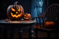 Dark interior of the house decorated for Halloween. Pumpkins, candles, webs and spiders. AI generated Royalty Free Stock Photo