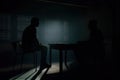 Dark Interrogation room with detective and suspect or victim. Generative Ai