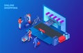 Dark isometric online shopping concept with laptop, people and credit card. Landing page template