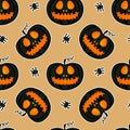 Dark Jack lantern pumpkin Happy Halloween jackolantern seamless pattern.Vector illustration isolated on gold background. Royalty Free Stock Photo