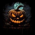 Dark jack-o-lantern pumpkin on the background of full moon, a Halloween image