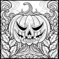 Dark jack-o-lantern pumpkin and surrounding vines and leaves, Halloween black and white picture coloring book