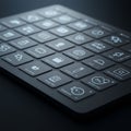 A dark keyboard featuring flat, square keys with various white icons and symbols,
