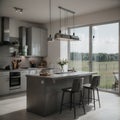 Dark kitchen interior with bar chairs and countertop on podium grey concrete floor Kitchenware on deck and shelf with