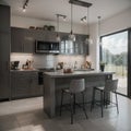 Dark kitchen interior with bar chairs and countertop on podium grey concrete floor Kitchenware on deck and shelf with