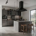 Dark kitchen interior with bar chairs and countertop on podium grey concrete floor Kitchenware on deck and shelf with