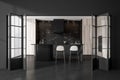 Dark kitchen room interior with bar counter, barstool, glass door