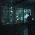 A dark lab illuminated by the ghostly glow of 3D holographic digital charts, mapping the unseen data landscape