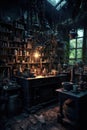 dark laboratory with bubbling potions and witchcraft tools