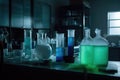 Dark laboratory room with beakers with colourful fluids, created using generative ai technology