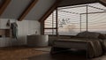 Dark late evening scene, attic interior design, minimal wooden bedroom and bathroom with canopy bed and panoramic window. Bathtub Royalty Free Stock Photo