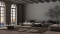 Dark late evening scene, contemporary living room. Velvet sofa and carpet. Stone floor, arched windows and vaulted ceiling.