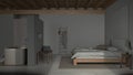 Dark late evening scene, contemporary wooden bedroom with bathtub. Double bed, freestanding bathtub and resin floor. Beams ceiling