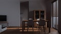 Dark late evening scene, minimal dining and living room. Wooden table with chairs, partition wall over contemporary kitchen. Royalty Free Stock Photo