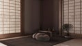 Dark late evening scene, minimal meditation room. Capet, table with Mala and bonsai. Wooden beams and paper doors. Japandi