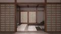 Dark late evening scene, minimal meditation room with paper door. Capet, pillows and tatami mats. Wooden beams and wallpaper.