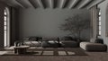 Dark late evening scene, scandinavian nordic living room. Velvet sofa with carpet, vaulted ceiling and stone floor. Minimal