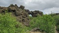 Dark lava rock formations area and green Icelandic forest in Myvatn area, Northern Iceland, Europe.