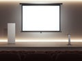 Dark lecture room with digital rostrum and big screen. 3d rendering